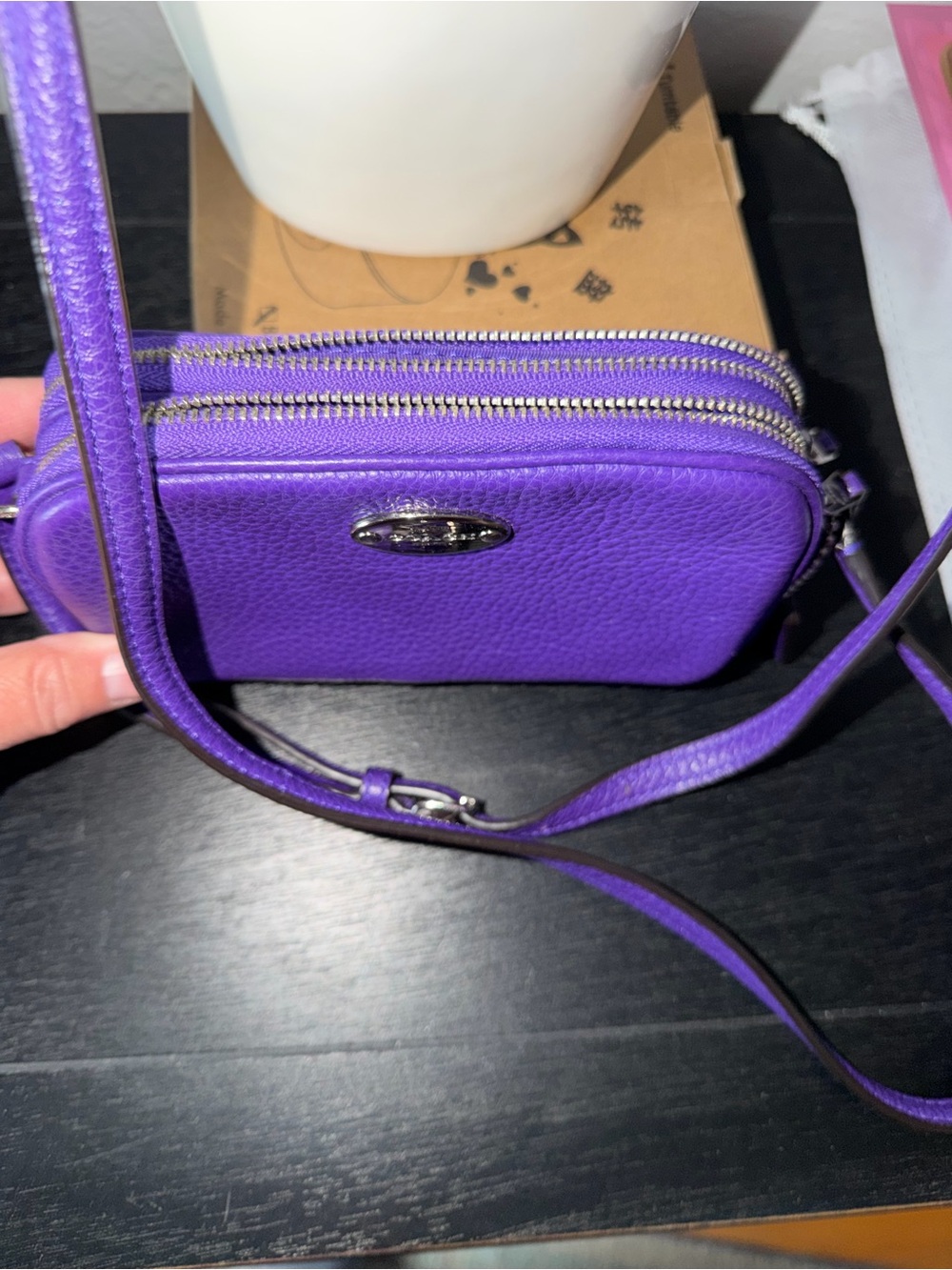 Like new Coach Pebbled Leather Purple Crossbody Bag with Logo Plaque - Picture 3 of 9